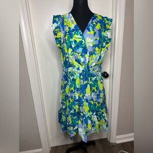 Taylor V Neck Flutter Sleeve Green/Blue Floral Tiered Mini Dress Size XL